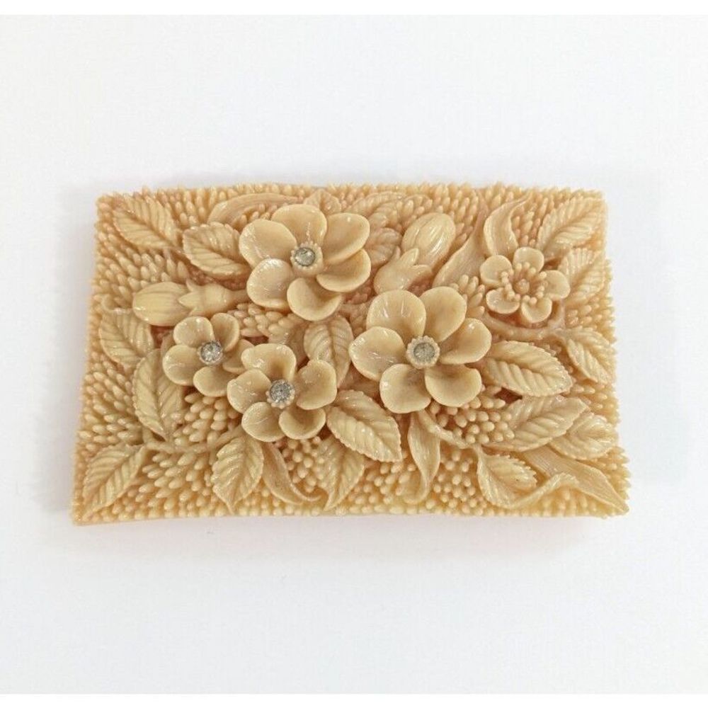 Floral Rectangle Early molded Plastic  Vintage Belt Buckle Rhinestone flowers